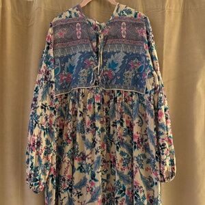 R. Vivimos Size XL 16/18 Hippie Folk Bohemian Peasant Dress Floral Peacock